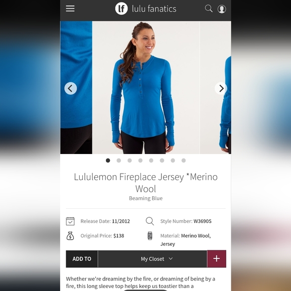 Lululemon Fireplace Jersey Merino Wool Long Sleeve Bleaming Blue W3690S Size 8 - Picture 3 of 12